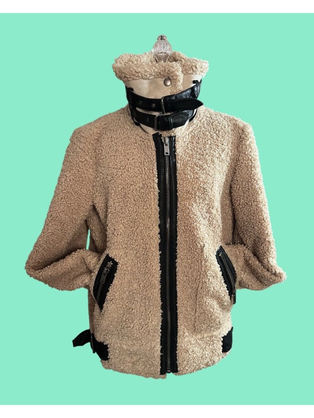 Zara Woman Beige Faux Shearling Jacket M Black Trim Zip & Belted Collar Winter